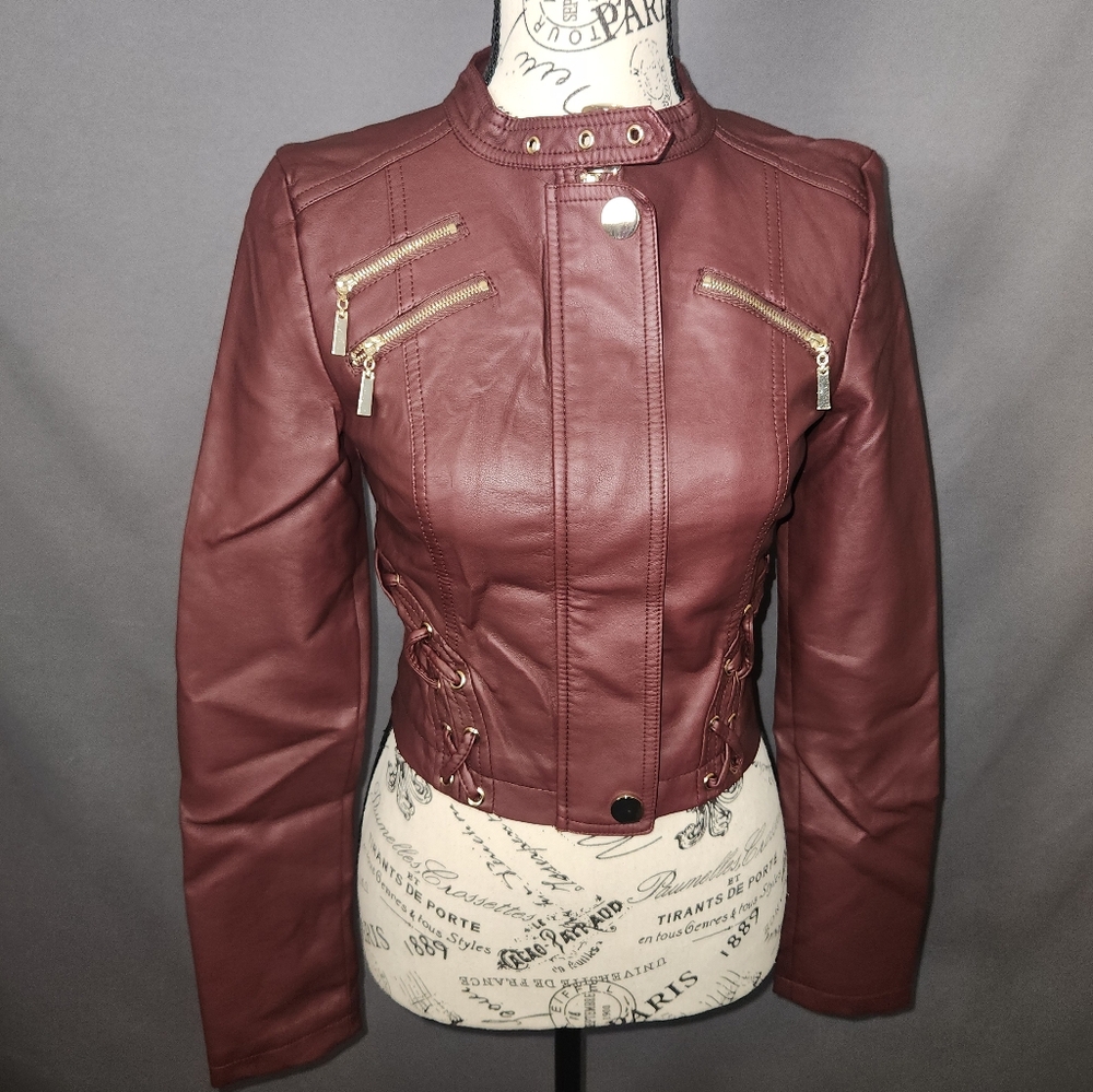 Burgundy Faux Leather Crop Moto Jacket w/Gold hardware
